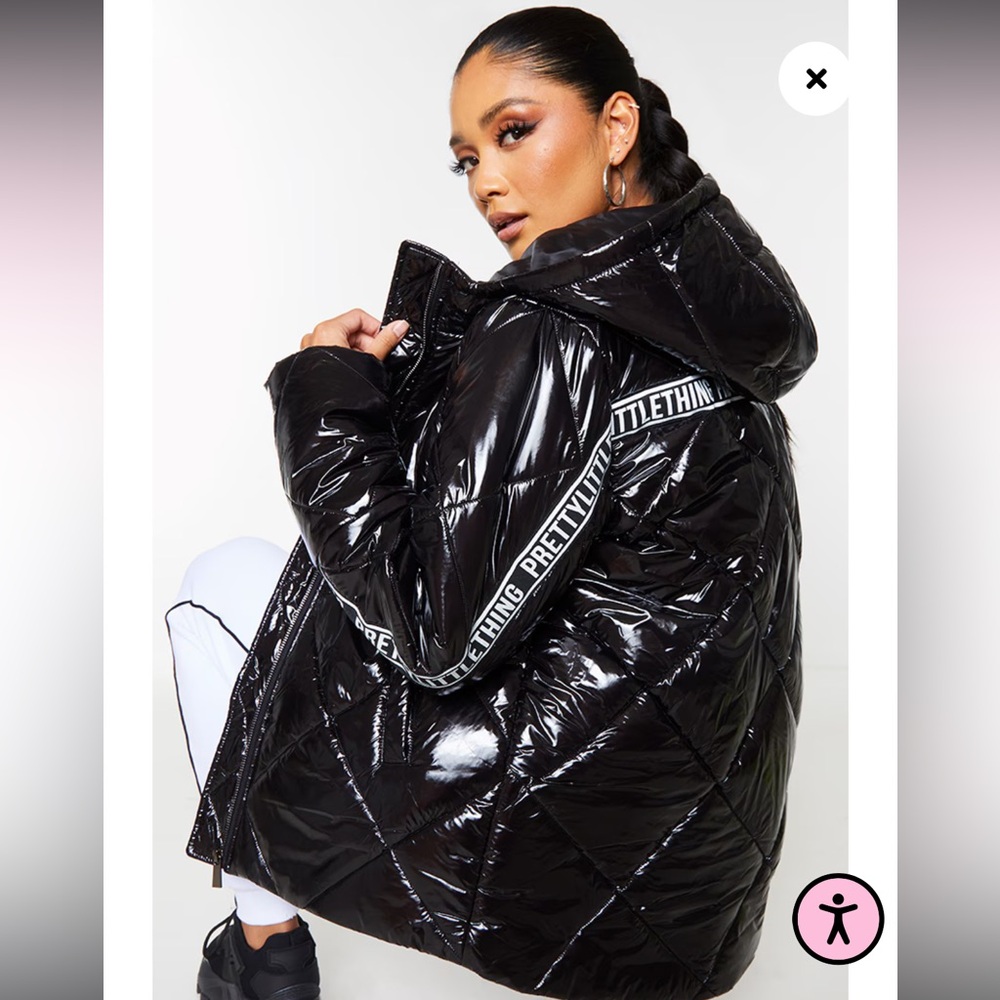 Pretty Little Thing PLT Black Shiny Diamond Quilted Puffer Coat Great Condition